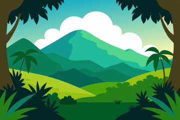 An Illustration Of A Tropical Vista Where The Scene Is Framed By Lush Jungle Leaves