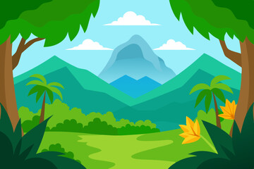Obraz premium A Cartoon Jungle Scene With Mountains And A View Framed By Tropical Plant Leaves