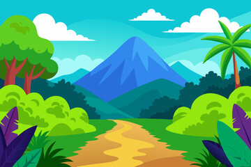 A Vibrant Cartoon Jungle Landscape With A Clearing Leading To Distant Blue Mountains