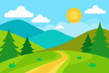 Obraz premium A Bright And Sunny Day In The Countryside Depicted In A Cheerful Cartoon Art Style