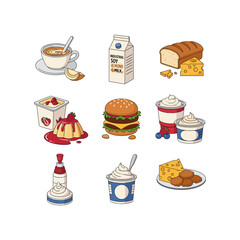 Flat Vector Illustration of Assortment of breakfast and snack foods, cafe menu style.