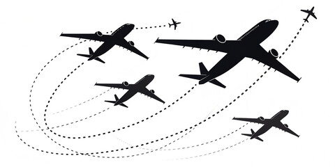 Abstract Air Travel: Multiple Jet Airplanes in Flight, Black Silhouettes, Dashed Paths, Modern Design