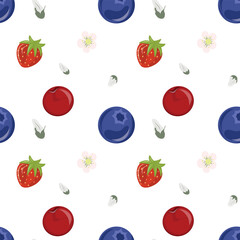 Seamless pattern with cherry, shadberry and strawberries on a white background. Abstract and minimalist berries pattern.