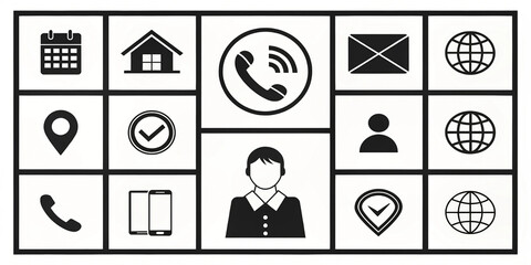 Modern minimalist contact us icons: global support, communication, and location services.