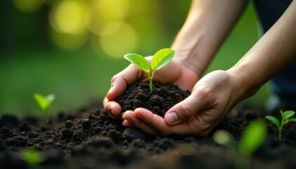 Caressing hands protect fragile new plant life emerging from dark earth against lush green , stem, hand