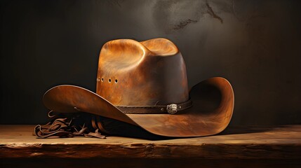 A detailed still-life photograph showcases a vintage, weathered cowboy hat resting on a rustic wooden surface with a dark backdrop.
