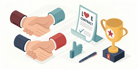 Successful Business Partnership: Handshake Agreement, Love Contract, Award Trophy, Thumbs Up, Isometric Illustration