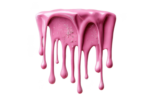 Pink liquid dripping with glitter particles isolated on transparent background