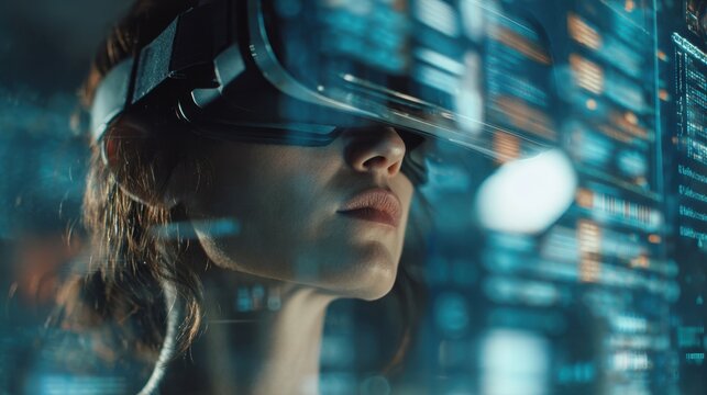 Engaging image of a lovely woman using VR glasses her face lit by the dynamic display of digital concepts and data around her. Set in a modern office this shot captures the essence