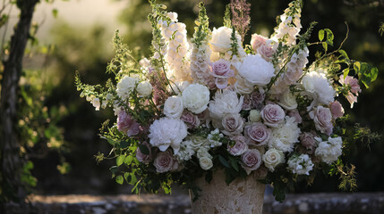 Elegant English garden bouquets in vintage vases, adorned with peonies, tulips and roses and other flowers, displayed in manor garden with dappled light and timeless floral grace