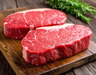  Carne de res fresca cortada en filetes sobre tabla de madera r&uacute;stica, con fondo de cocina desenfocado.