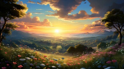 A breathtaking landscape painting captures a vibrant sunset over rolling hills, framed by lush trees and a wildflower meadow.