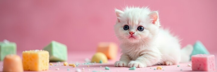 Fluffy white kitten, surrounded by colorful sugar cubes, sweetness, sugary
