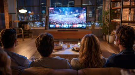 A vibrant scene capturing a family gathered around a large smart TV all eyes glued to an exciting streaming series highlighting the social aspect of watching digital content together