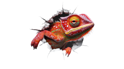Vibrant Chameleon Emerging from Wall transparent background