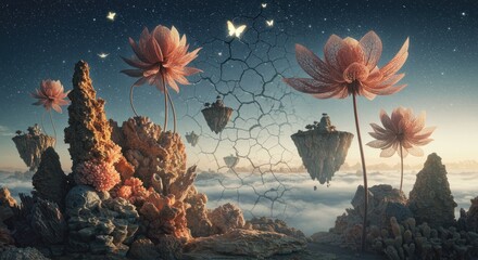 Floating cotton candy islands surreal landscape