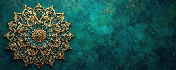 Intricate gold mandala on deep teal Islamic background , spiritual, festive, islamic