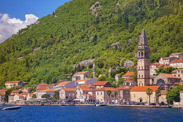 Montenegro, Bay of Kotor. View of ancient town of Perast  with bell tower of church of St. Nicholas