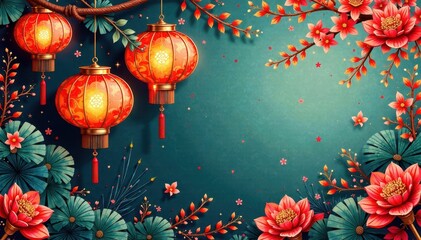 Intricate hand-drawn Asian lanterns & swirling patterns, rich textures , art, white