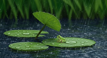 Frog sheltering under a giant leaf umbrella