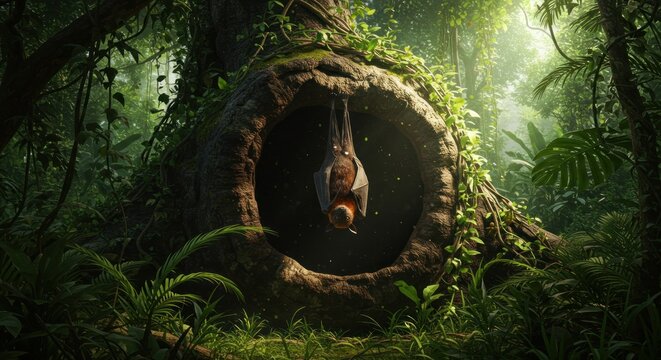 Mysterious jungle opening hidden cave dark green vegetation