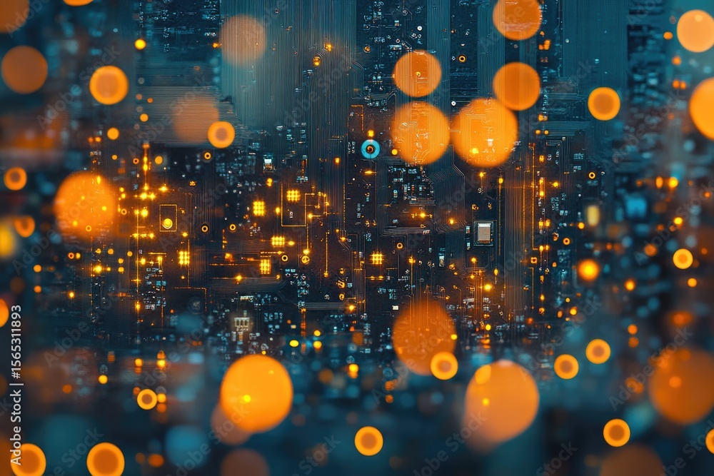 Poster close-up view of illuminated circuit board, showcasing intricate pathways and glowing components.