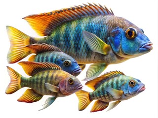 Naklejka premium A vibrant school of colorful cichlids swim in an isolated white background