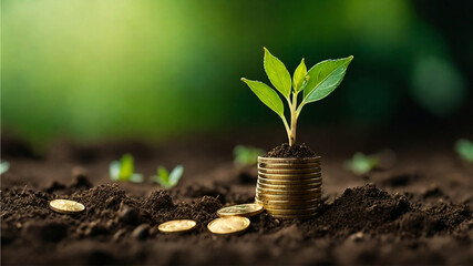 Seedling growing on stacked gold coins in fertile soil. Green investment and financial growth concept. Realistic nature scene with warm sunlight and blurred background.