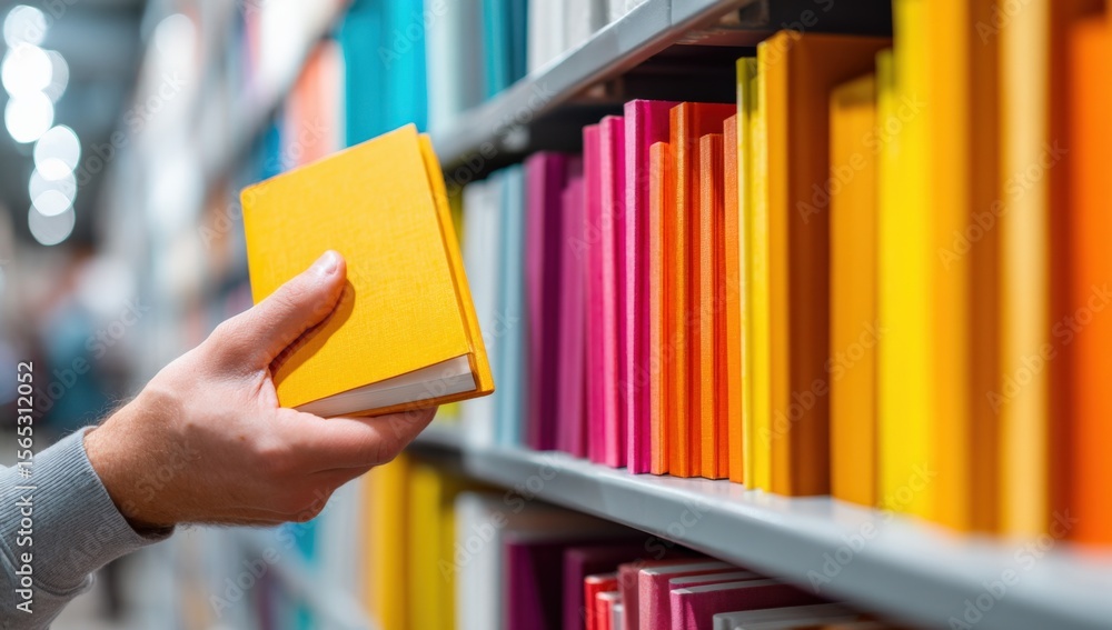 Poster person selecting a bright yellow book from bookshelf filled with colorful books in a bookstore or li