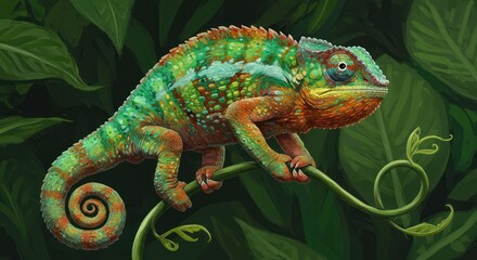 Obraz premium Vibrant chameleon in lush foliage