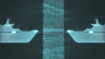 Digital Divide: A futuristic depiction of two warships facing a digital wall, highlighting concepts of technological barriers and challenges. 