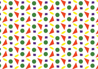 A colorful, playful pattern with geometric shapes like circles, triangles, ovals, and squares on a white background.