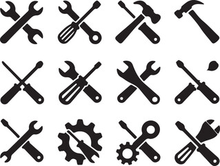 Naklejka premium Collection of Hand Tools Icons Wrenches, Screwdrivers, Hammers, and Gears