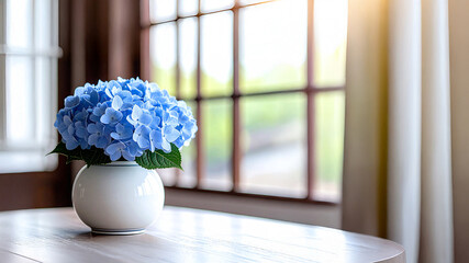 Blue Hydrangea in Round Vase by Window Light