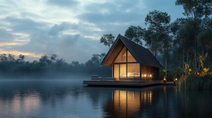 Fototapeta premium Serene lakeside cabin retreat offers a tranquil escape amidst nature, reflecting in calm water during a misty dusk scene.