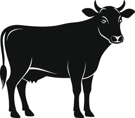 Black silhouette of a cow standing on a white background with its head turned slightly
