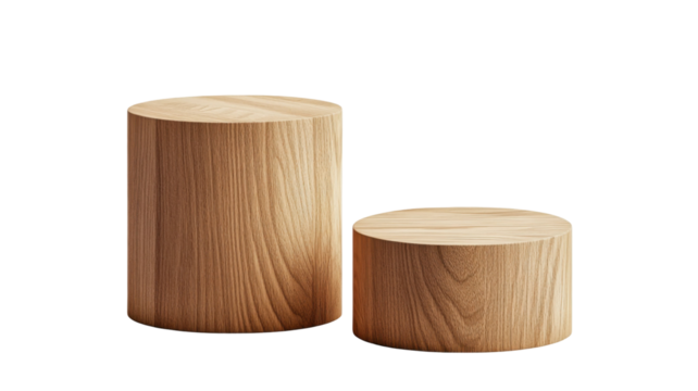 Two wooden pedestal cylinders of different sizes on white background