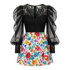 Floral dress with lace and sheer sleeves isolated on transparent background