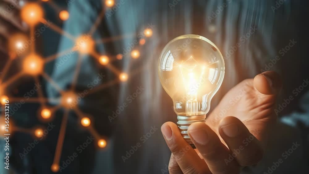 Poster glowing light bulb held hand with network connection symbolizing innovation, technology, and bright 