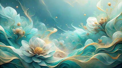 Serene Aqua and Gold Floral Abstract Wave Design Featuring Delicate Blossoms and Swirling Petals