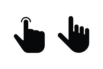 Obraz premium Simple black silhouette icons: a hand tapping a screen and a hand pointing upward, representing digital interaction, user interface, technology, and online communication; clean, minimalist style conve