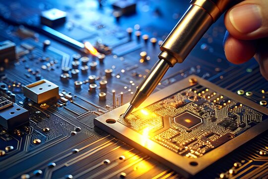 Closeup of a soldering iron meticulously working on a circuit board