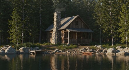 Lakeside cabin nestled in a forest