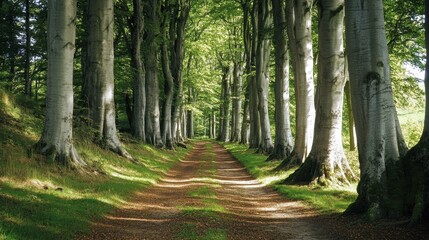 Obraz premium Scenic woodland path through tall trees in the forest, capturing the beauty of nature and the tranquil atmosphere.