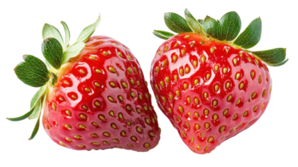 Two red strawberries with fresh juicy texture on white background
