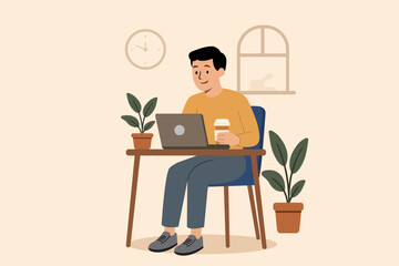 Young Man Working from Home with Laptop, Flat Vector Illustration.
