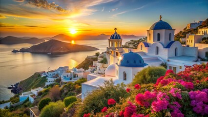 Serene Sunset View of Coastal Village with Whitewashed Churches and Vibrant Blossoms