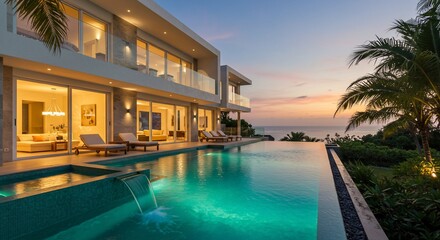 Fototapeta premium Luxurious villa retreat at dusk
