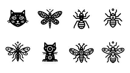 Collection of Black and White Line Art Icons Featuring Animals and Insects