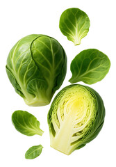 Fototapeta premium Whole and sliced Brussels sprouts with vibrant green leaves and multiple leaf layers visible.